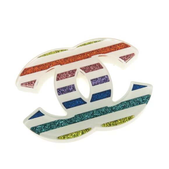 CHANEL CC Logo Rainbow Multicolor Lame Brooch Gold Tone D19C Pin Auth - Picture 2 of 10
